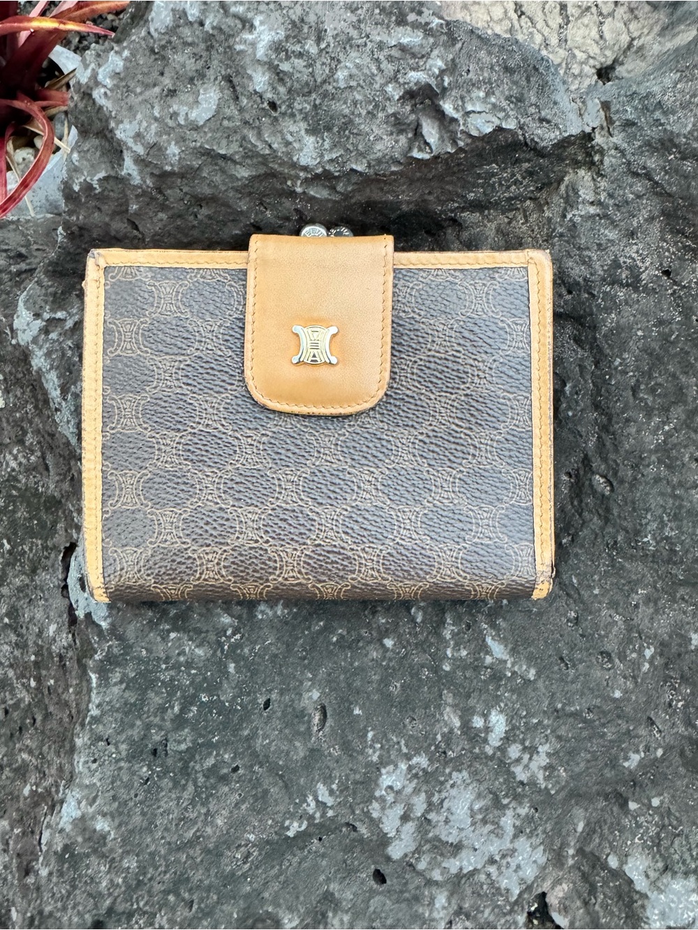 Celine Vintage Macadam Triomphe Compact Wallet Coin Purse Brown Tan Italy